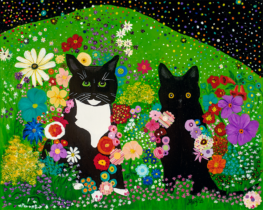 Alexandria Ross' acrylic painting of two black cats sitting together on a field of green with various color flowers