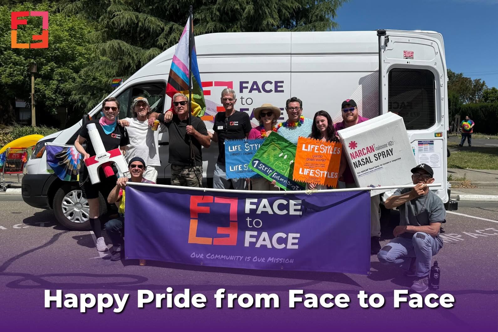 An image shows Face to Face staff and volunteers in front of the mobile van. Above them is text which reads "Happy Pride from Face to Face". In the top left corner is the Face to Face logo.