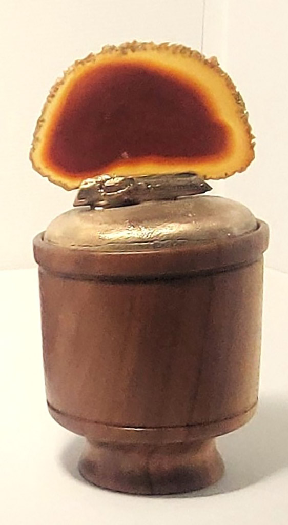 Don Ajello's Wood turned bottom vessel with bronze cast lid and orange agate lid