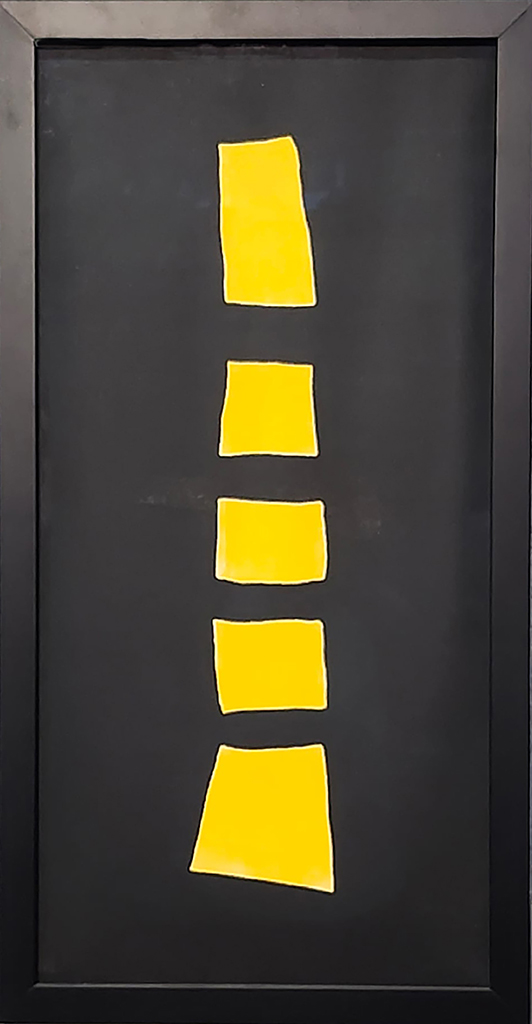 Max DuBois two-run monoprint with yellow rectangles in the middle of a black background