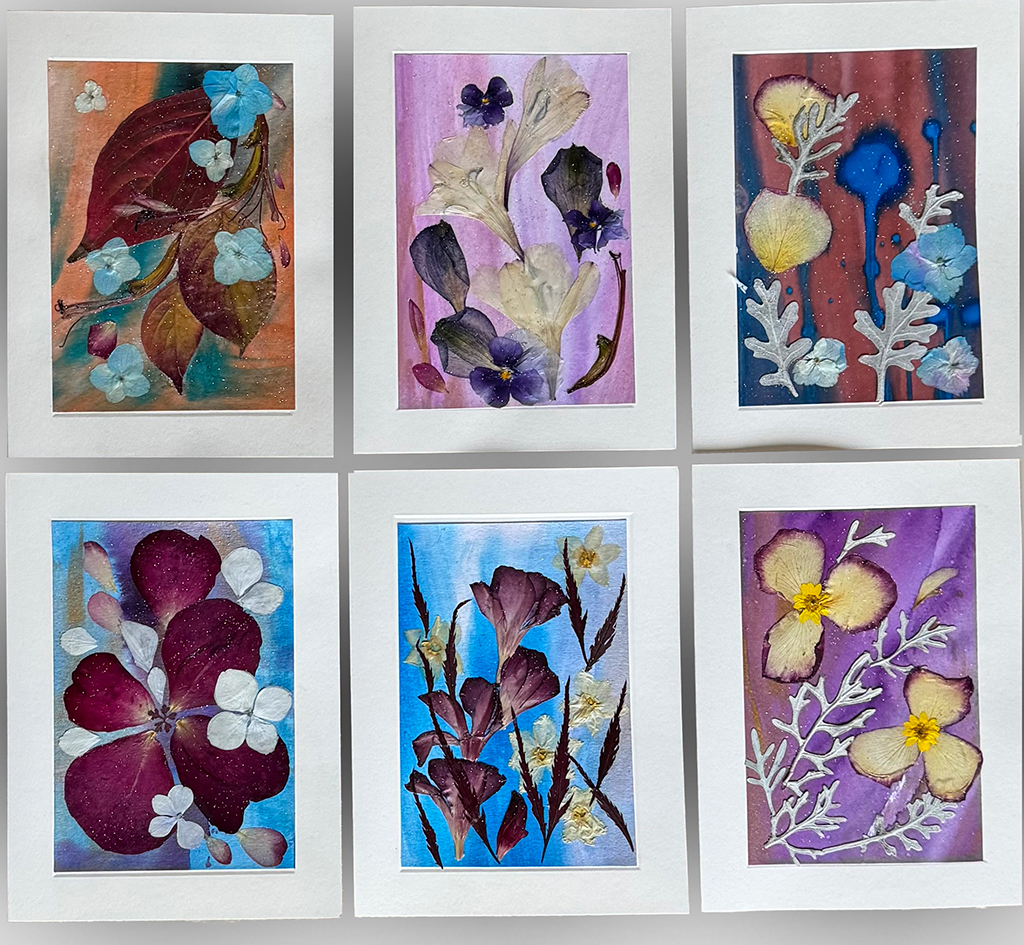 Kathryn Hainke's Dried flower collage cards on hand-made ink backgrounds