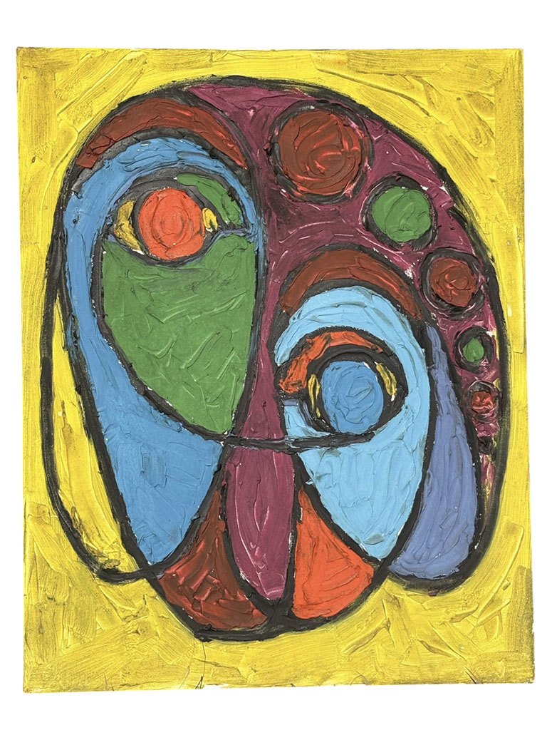 Douglas Hastings abstract painting of a face in browns, blues, orange and light blue eyes