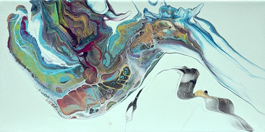 Sue Kearney's abstract acrylic pour on canvas in blue, green, white swirl painting