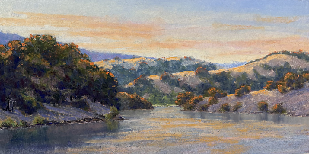 Clark Mitchell's pastel painting of soft evening or morning sky above a landscape of rolling golden hills with green trees