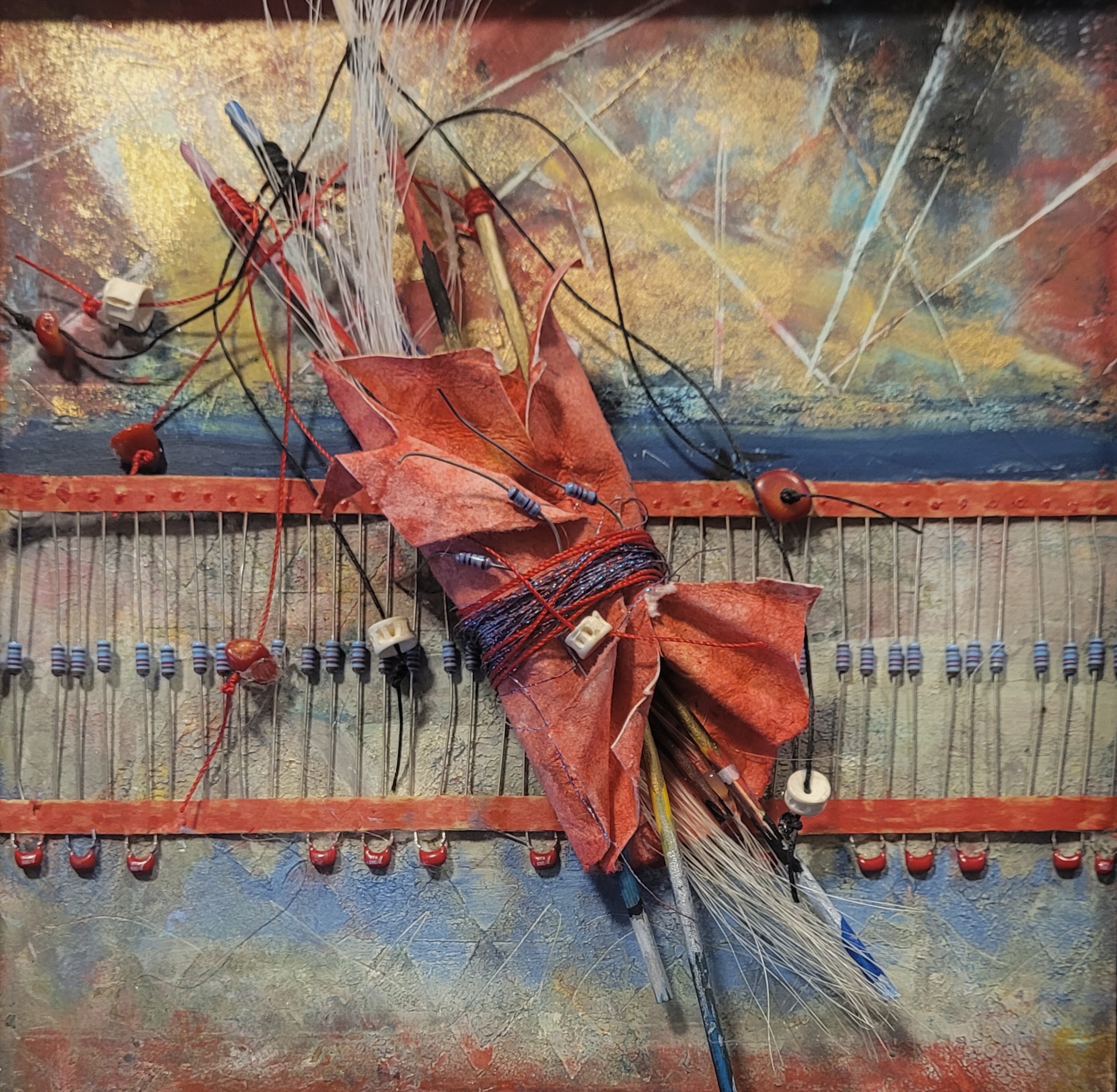 Linda Ortiz Prayer Bundle Cold wax background, with handmade paper wrapped around sticks with beads and horsehair. The horizontal band is electronic wires with additional red wired beads at the bottom of the band.