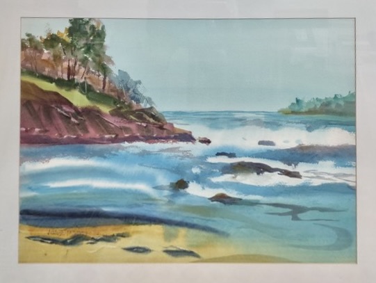 Patric Fanning's watercolor painting of a coastal cove with waves crashing on the shore