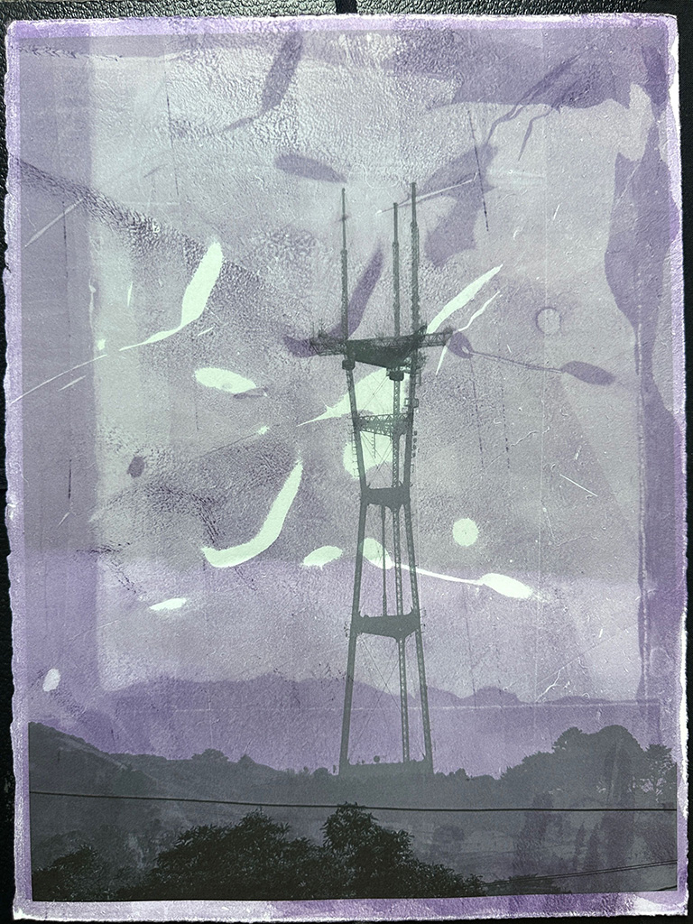 Howard Rubin's Monotype print with photo collage of the iconic Sutro Tower in tones of grey