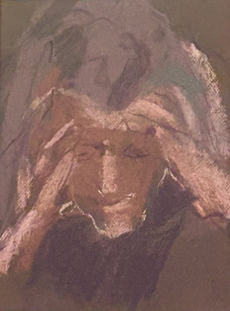 Sandra Rubin's drawing of soft pastel on paper depicting a human face with hands surrounding the face in a pause moment
