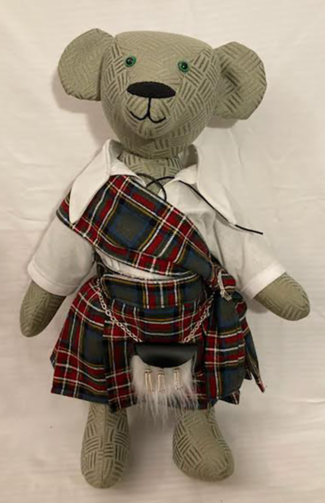 Mary Ryken's hand crafted bear in a Scottish kilt. All non-bear-naries are made from repurposed drapery remnants or other fabric ends.