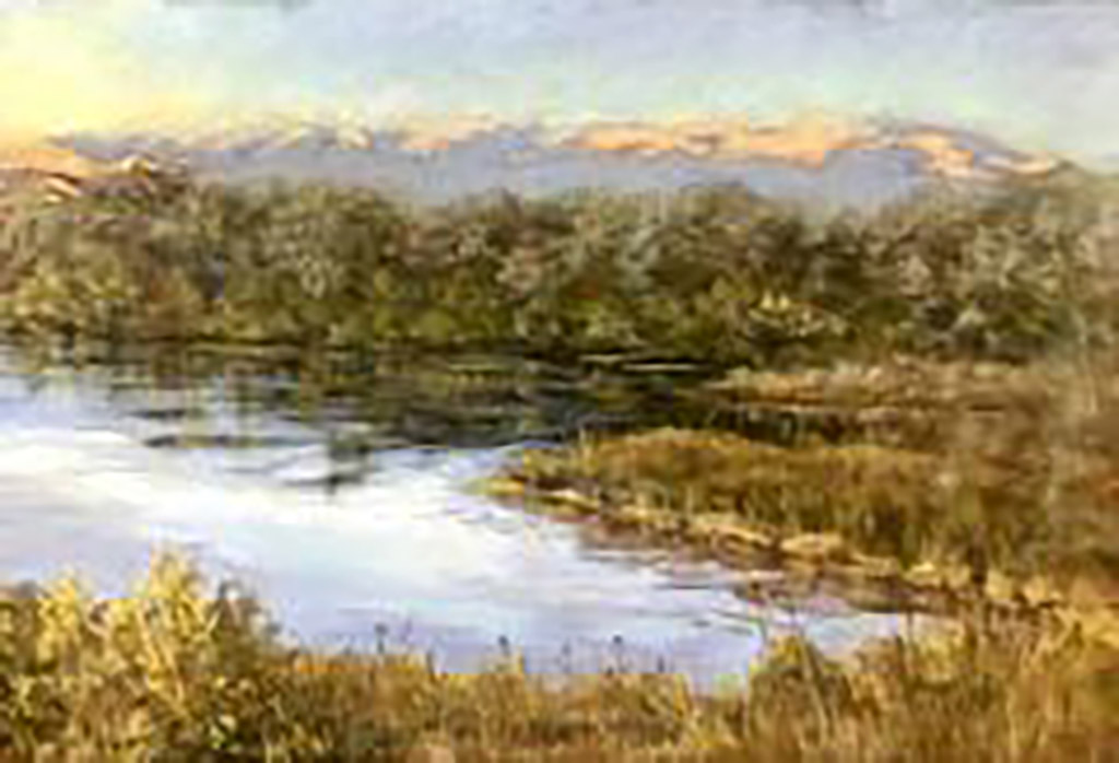 Tamra Sanchez' Soft pastel on archival sanded pastel paper of laguna scene, water and golden brown shrubs surrounding