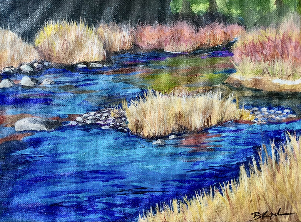 Bonnie Karlsen's acrylic painting of a water scene with small shrubs around the pond