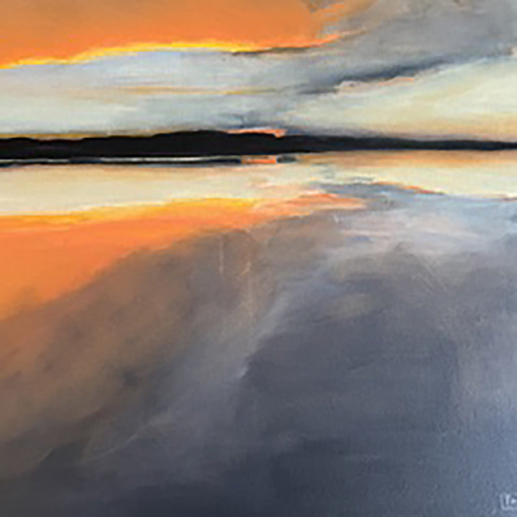 Pam Wilsey's oil painting of a tangerine colored sky above a grey surface