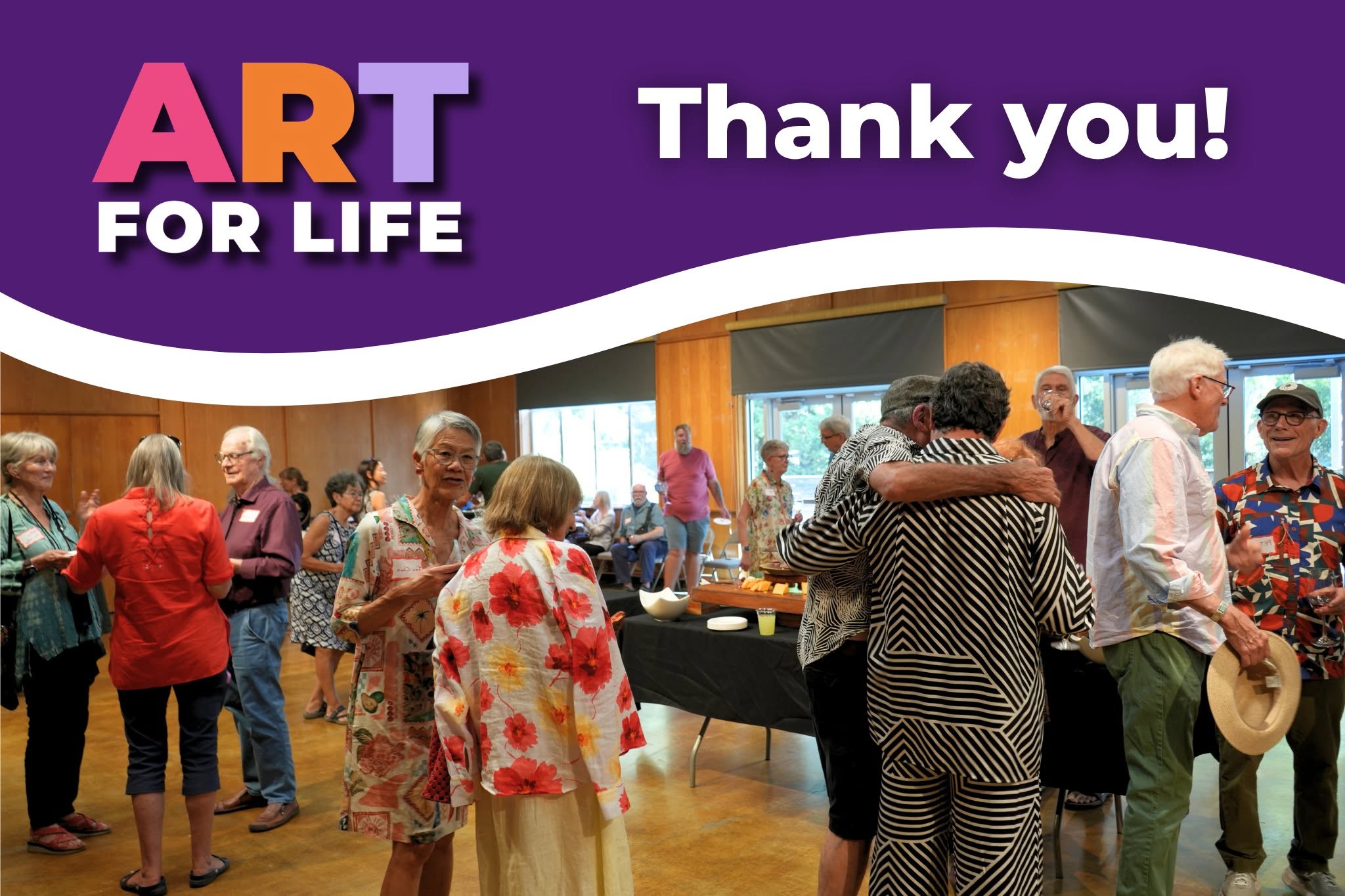 An image shows a photo of people gathered in a hall, they are chatting and smiling. There is a purple wave at the top of the screen with a white outline. In the top left corner is the Face to Face logo, and in the top right corner is text that reads "Thank You!"